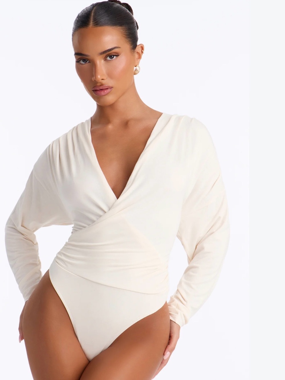 LOFT Cream Draped Wrap Front Long Sleeve Bodysuit